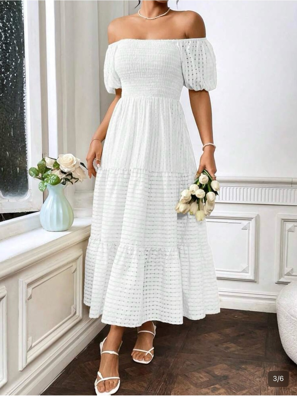 Off-Shoulder White Tiered Midi Dress